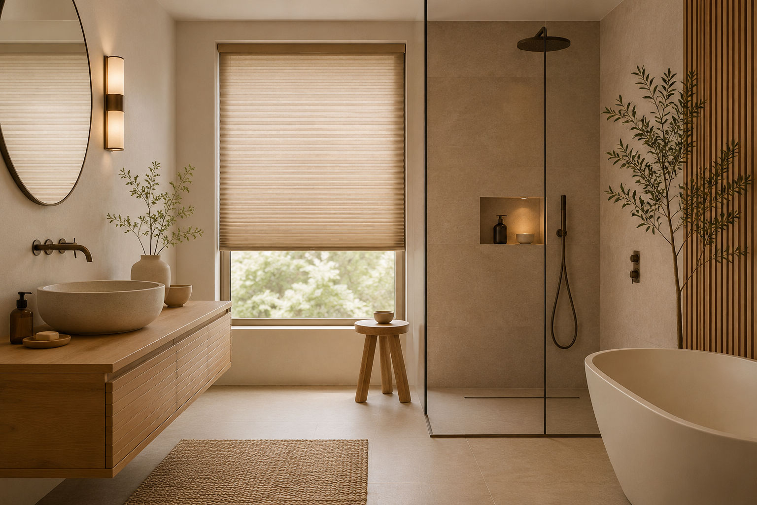 Japandi badkamer inrichten met raamdecoratie